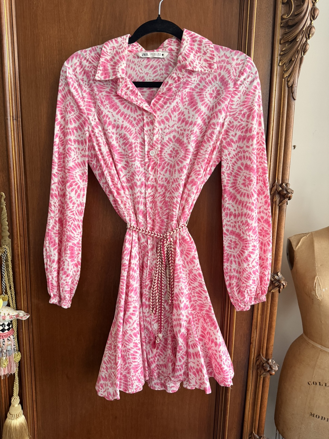 Zara Pink White Tie-Dye Shirt Dress with Waist Tie Size Small