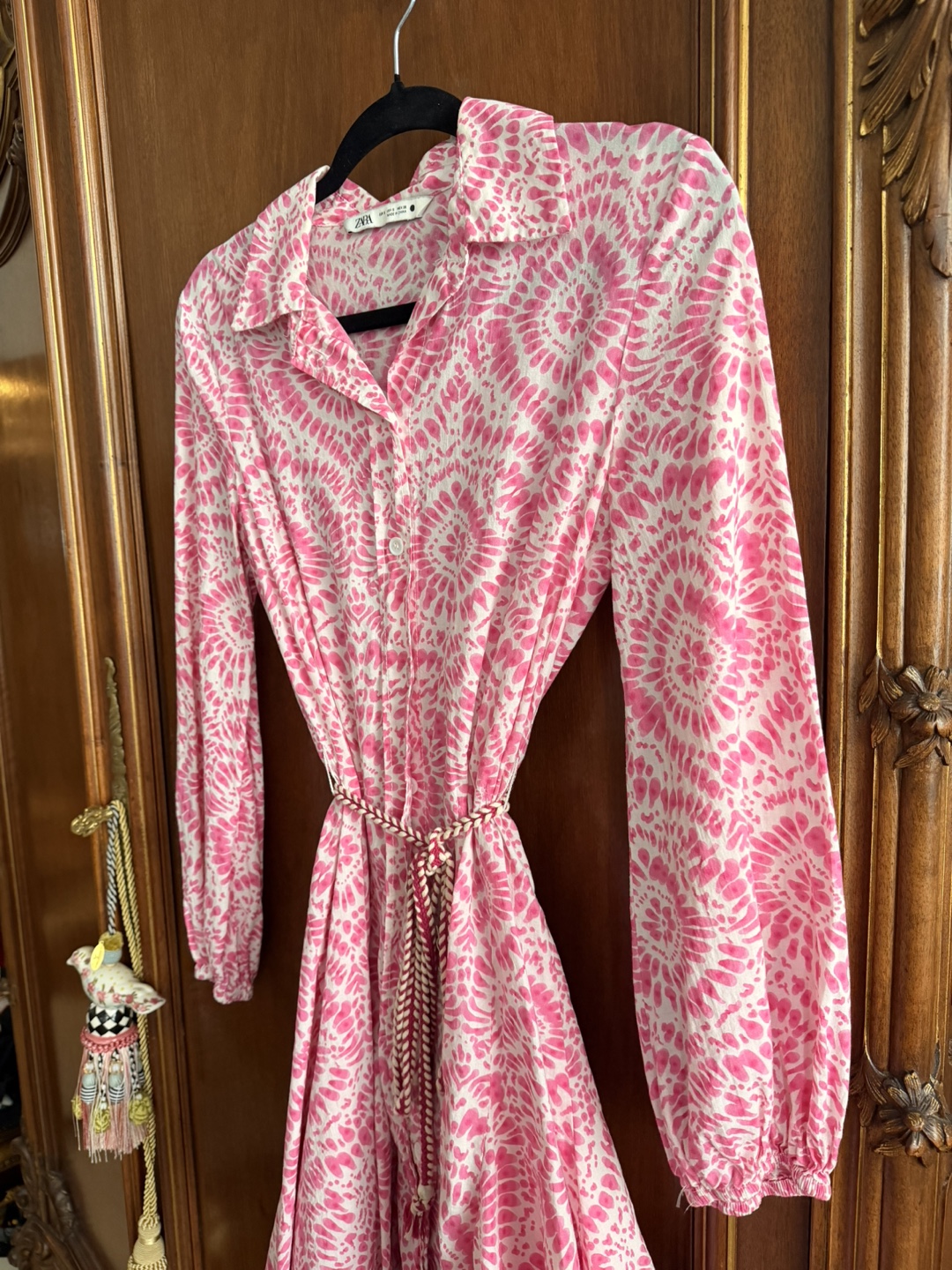 Zara Pink White Tie-Dye Shirt Dress with Waist Tie Size Small - photo 2