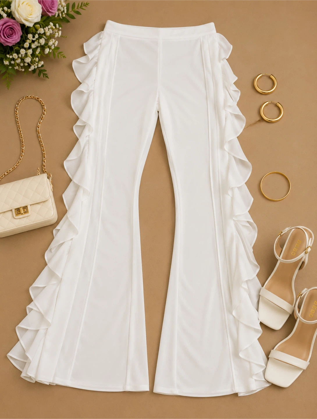 White Ruffle Flare Pants