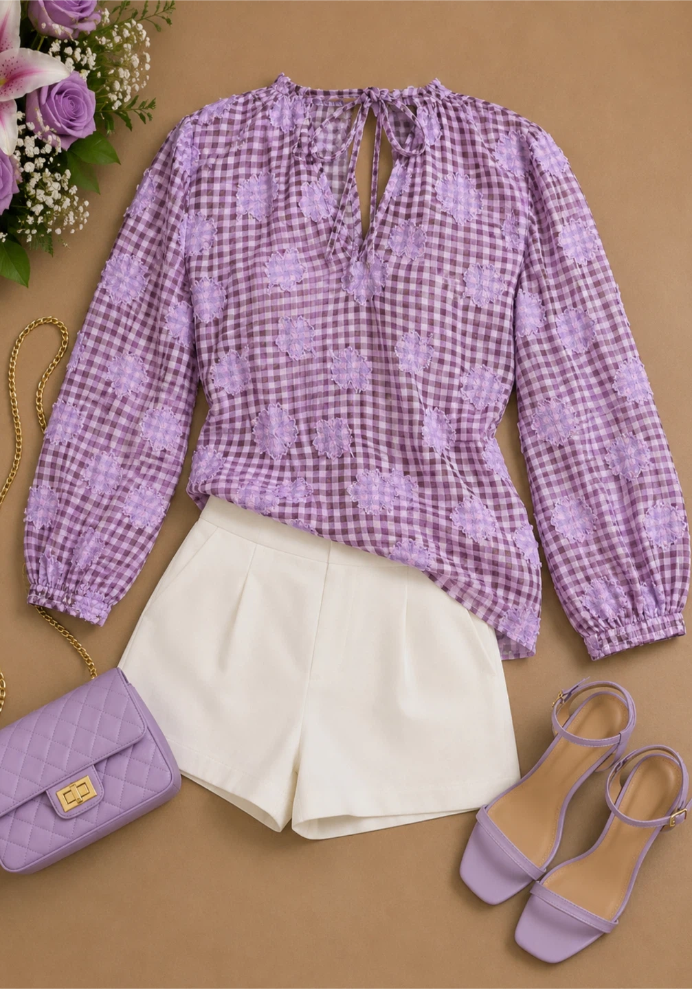 Purple Gingham Puff Sleeve Top