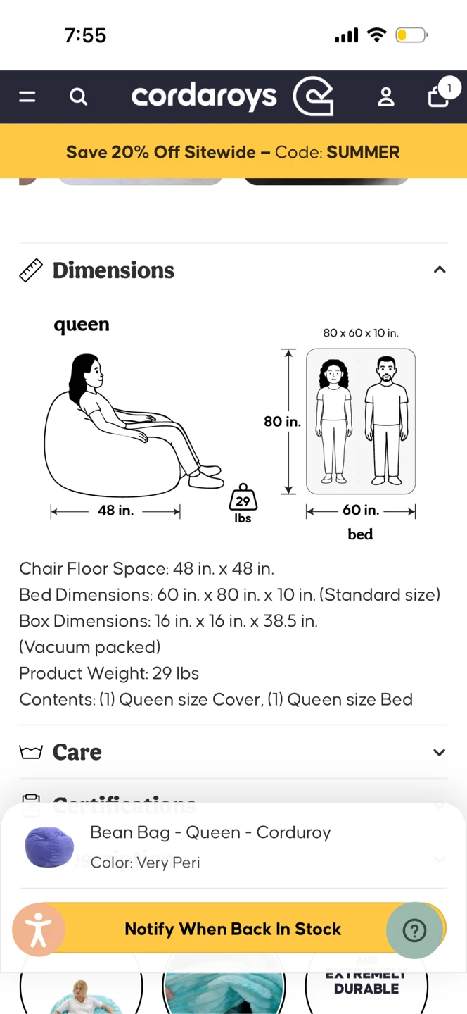 Cordaroy's Queen Convertible Bean Bag Chair - Very Peri - photo 2