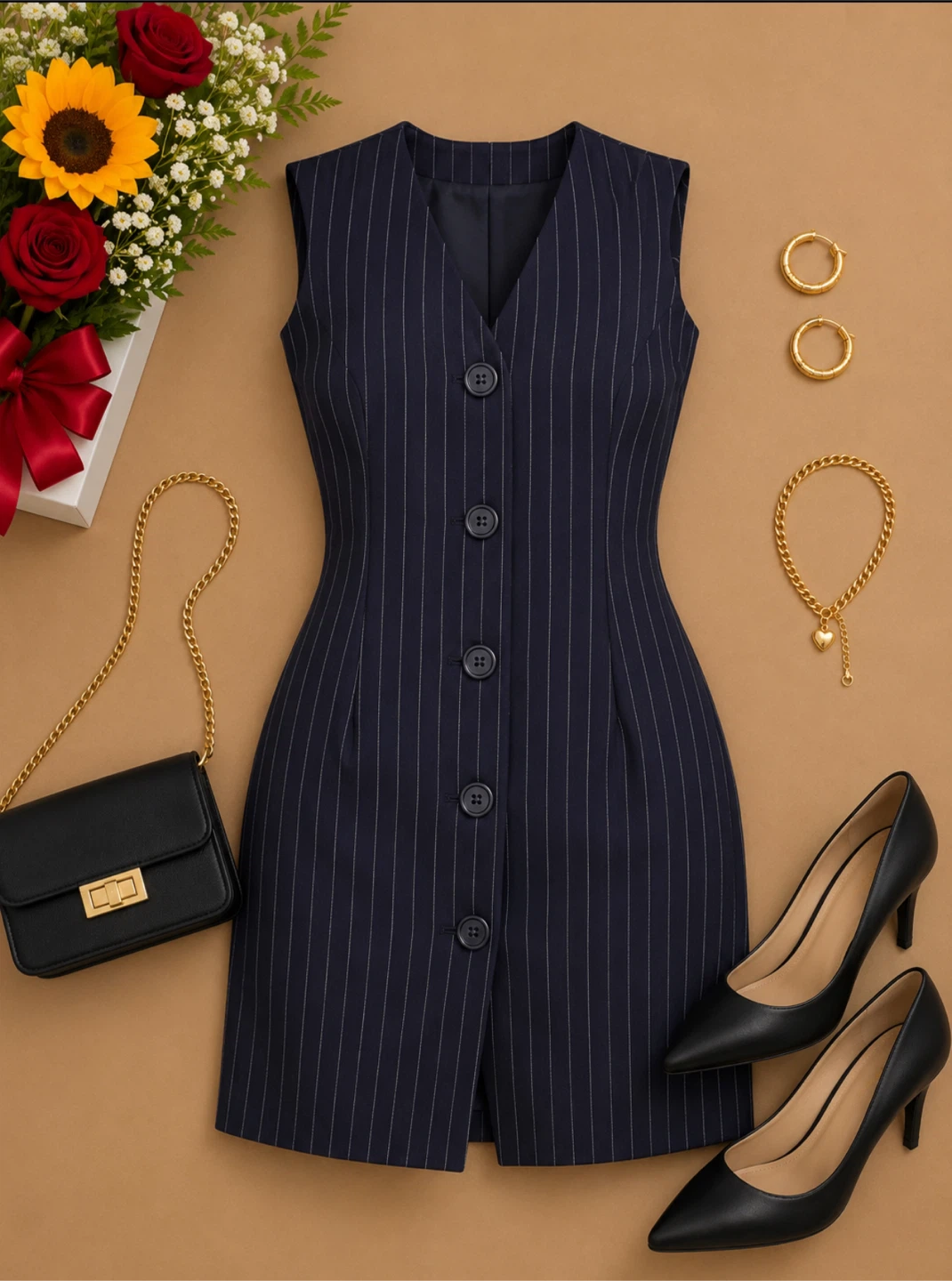 Navy Pinstripe Sleeveless Dress