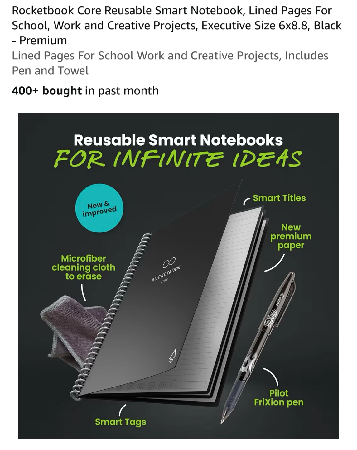 Rocketbook Core Executive Reusable Smart Notebook, Black