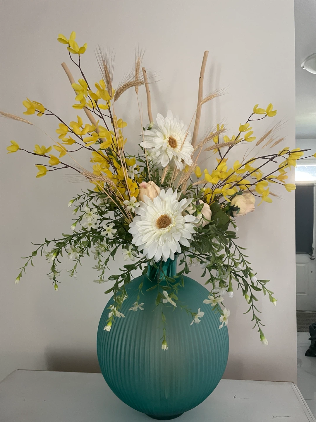 Artificial Floral Arrangement in Teal Vase