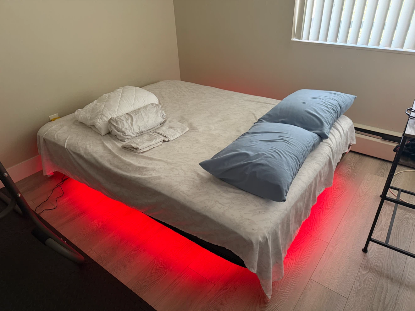 Queen Bed Set – Frame w/ LED, Mattress, Sheets & Pillows
