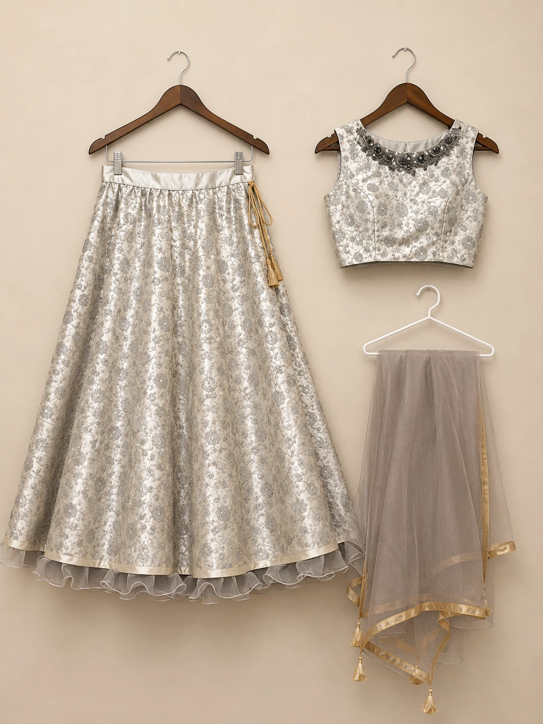 Women's Silver Embellished Lehenga Choli with Dupatta