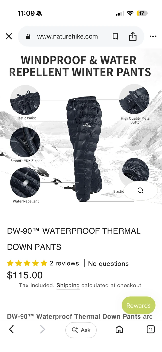 Naturehike DW-90 Down Pants - Men's/Women's - Size L