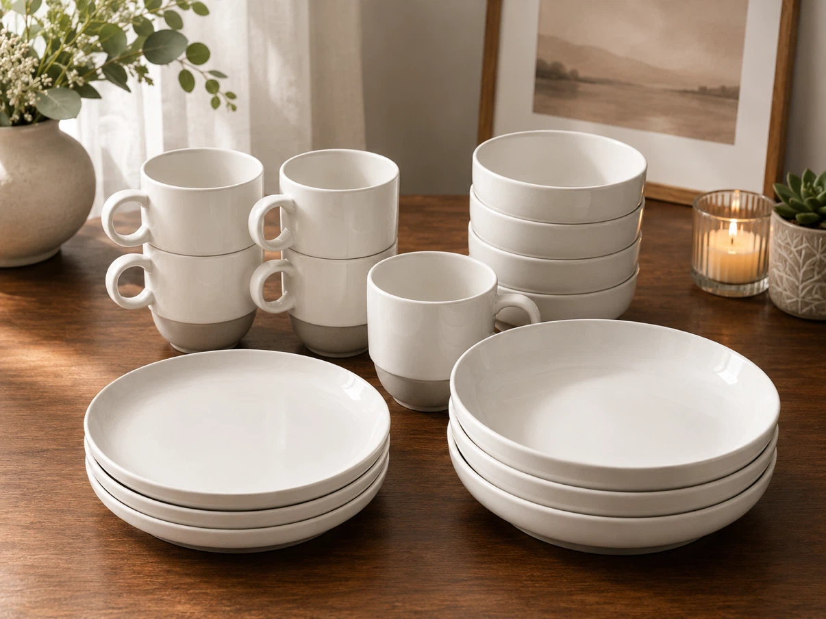 Tabletops Gallery "Stax" White Porcelain Dinnerware Set 16