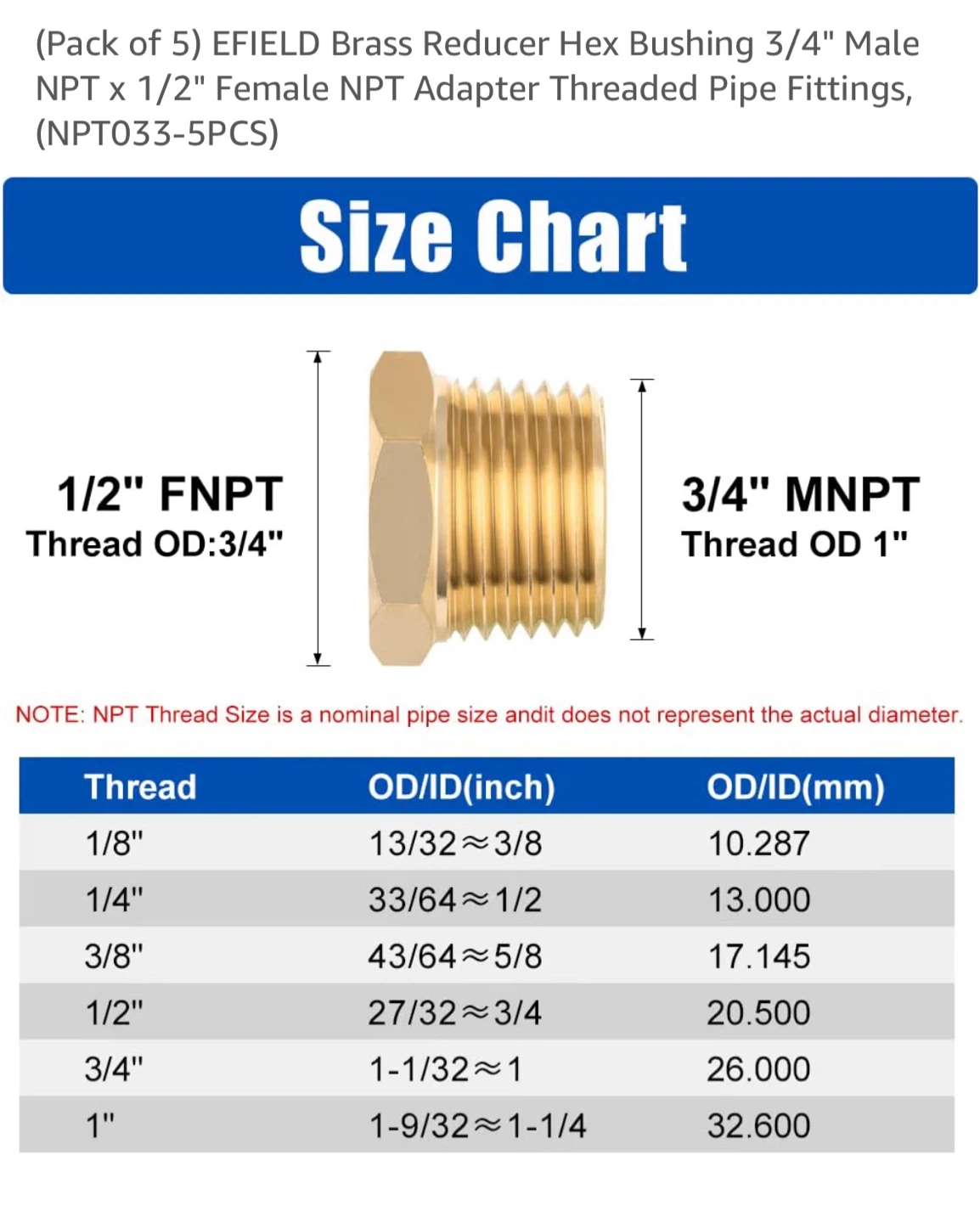 Brass Bushing 3/4" Male NPT x 1/2" Female NPT - photo 4