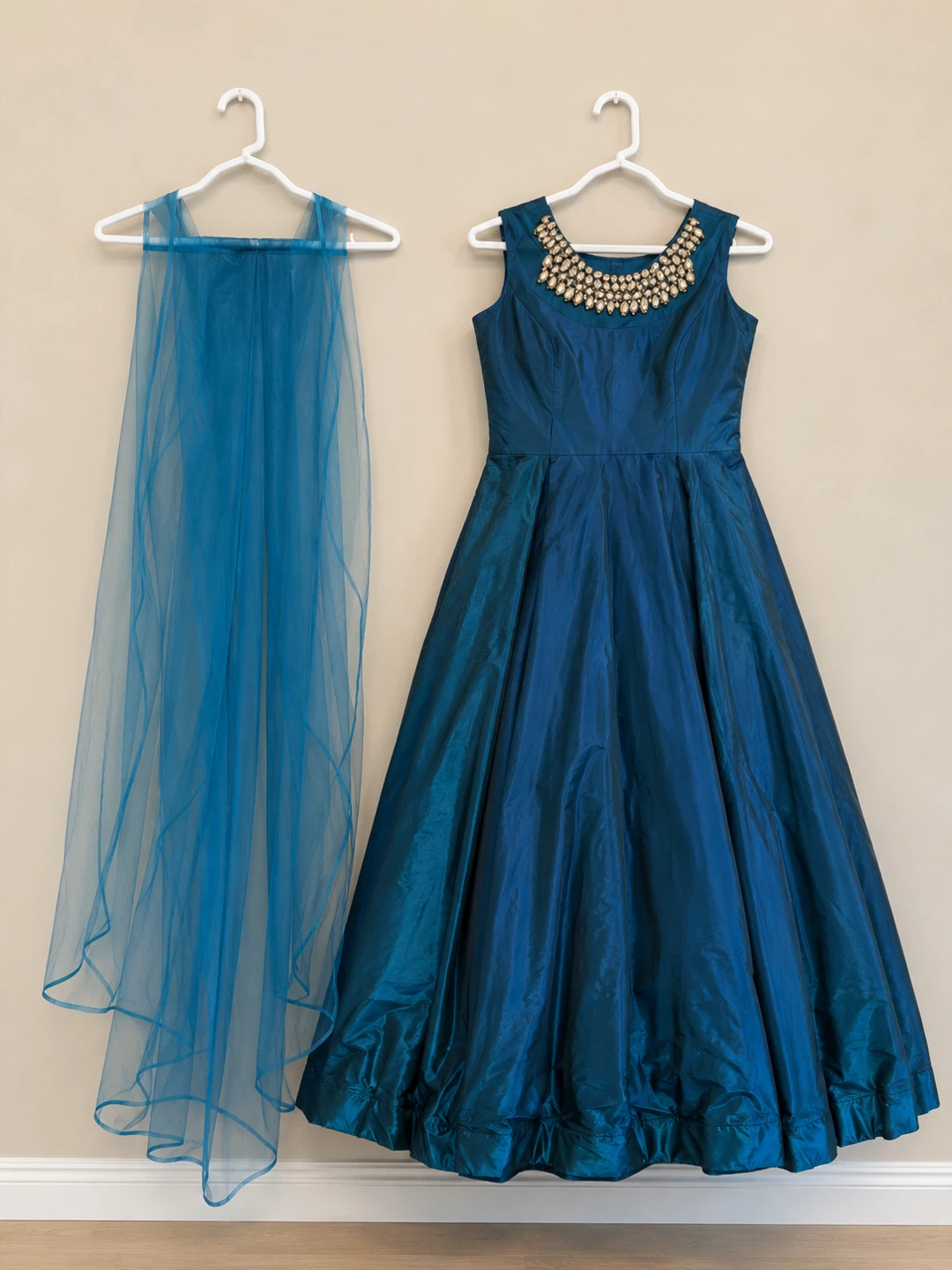 Blue Gown with Embellished Neckline and Scarf