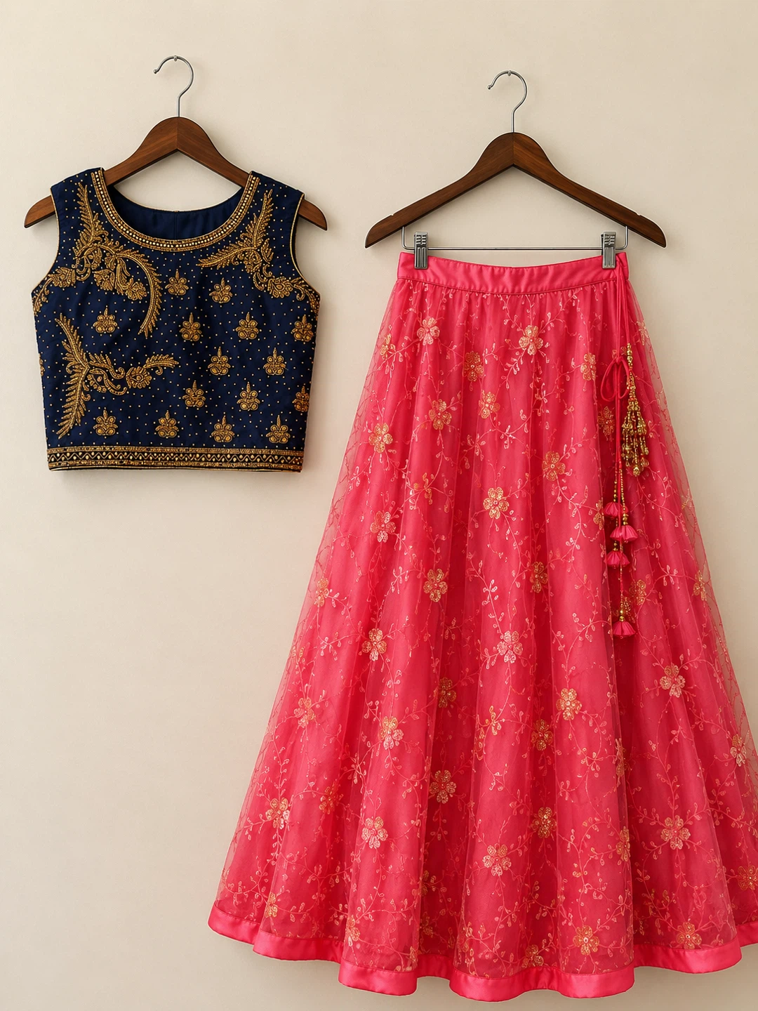 Embroidered Blue Top and Pink Skirt Set