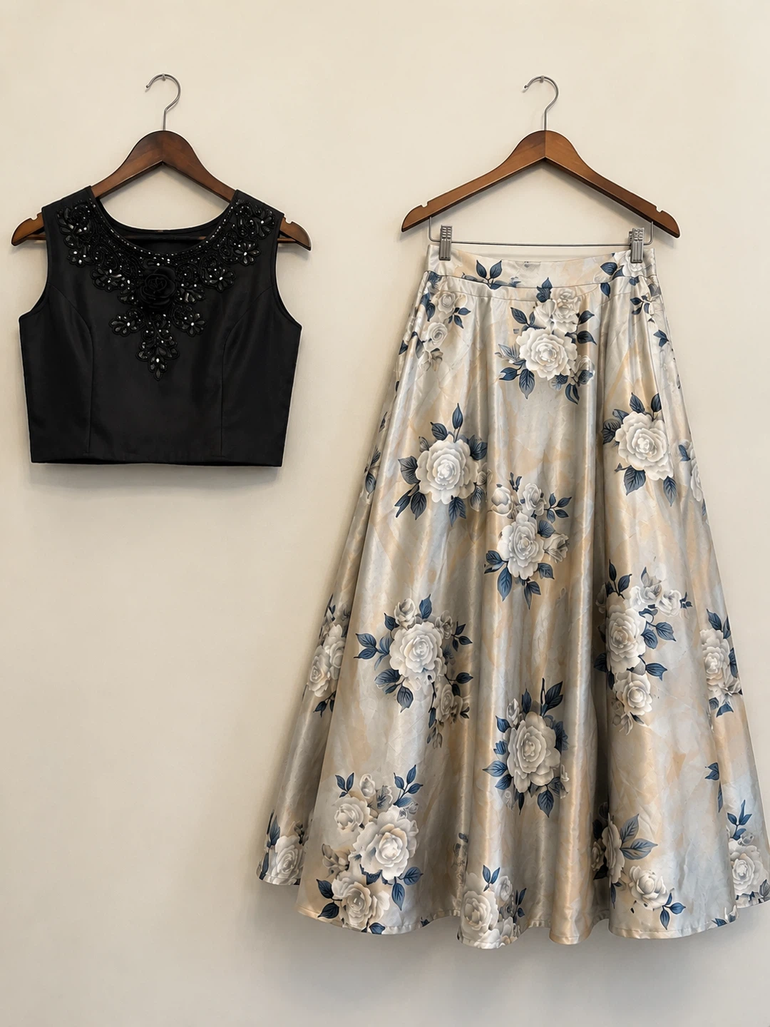 Black Beaded Crop Top and Floral Skirt Set
