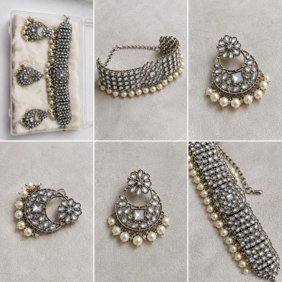 Silver-tone Choker Necklace and Earring Set with Pearls