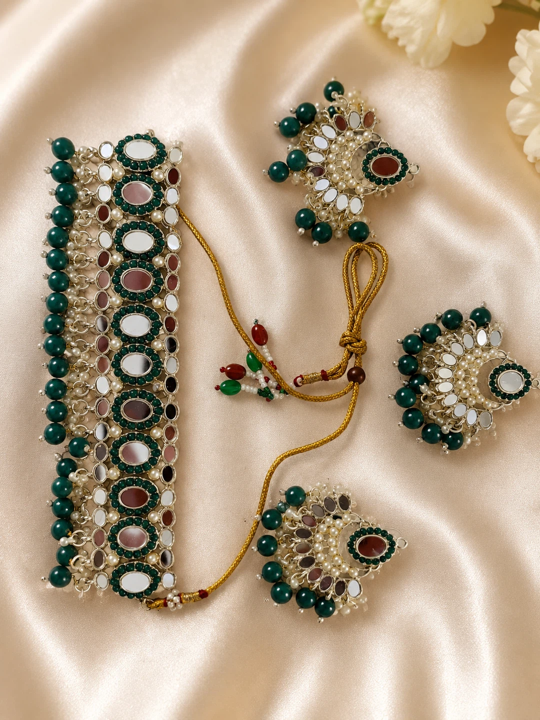 Emerald Green and Mirror Choker Necklace Set with Earrings