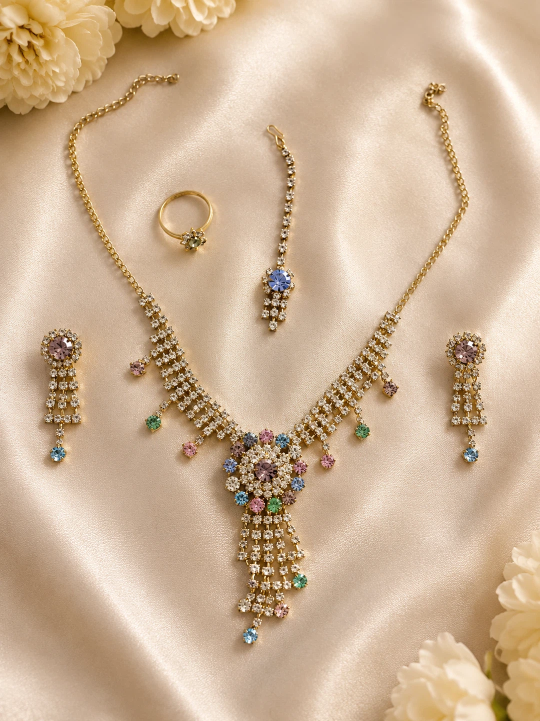 Jewelry Set with Necklace, Earrings, Ring, and Maang Tikka