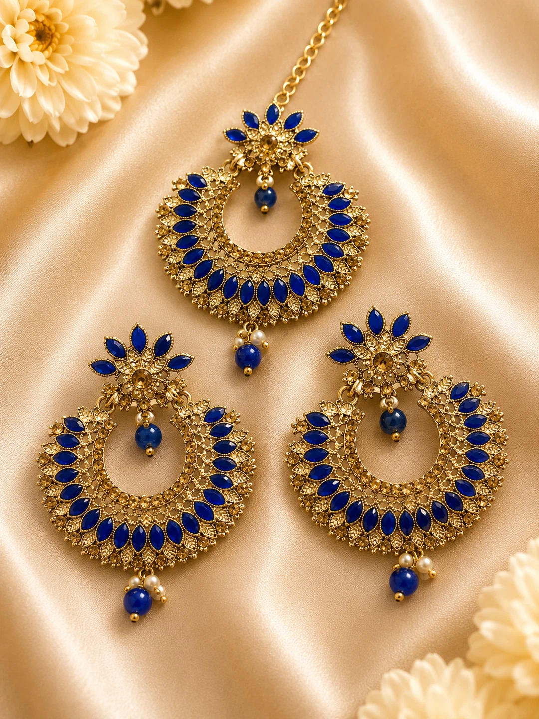 Gold-tone Blue Stone Maang Tikka and Earrings Set