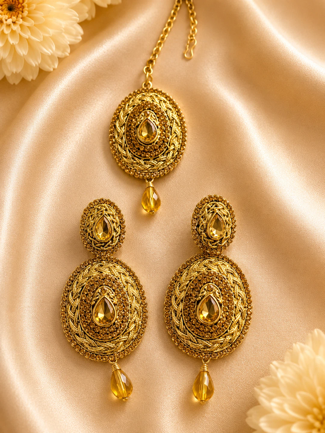 Gold-tone Indian Jewelry Set with Yellow Stones