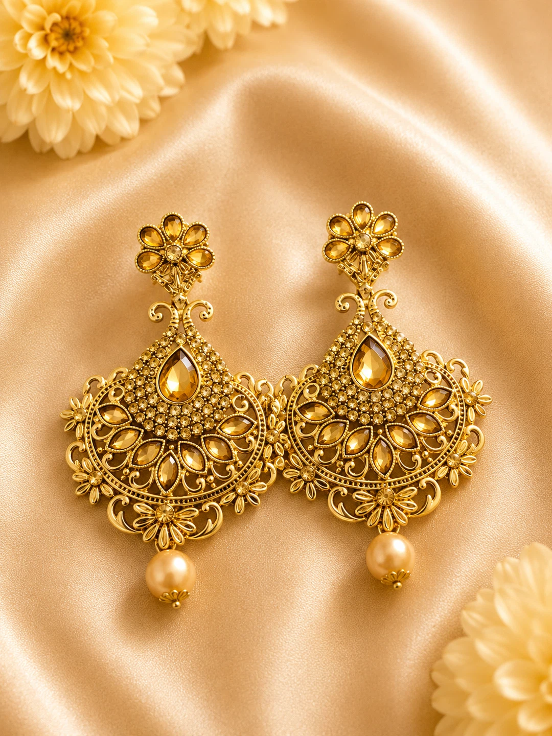 Gold-tone Chandelier Earrings with Pearl Drop