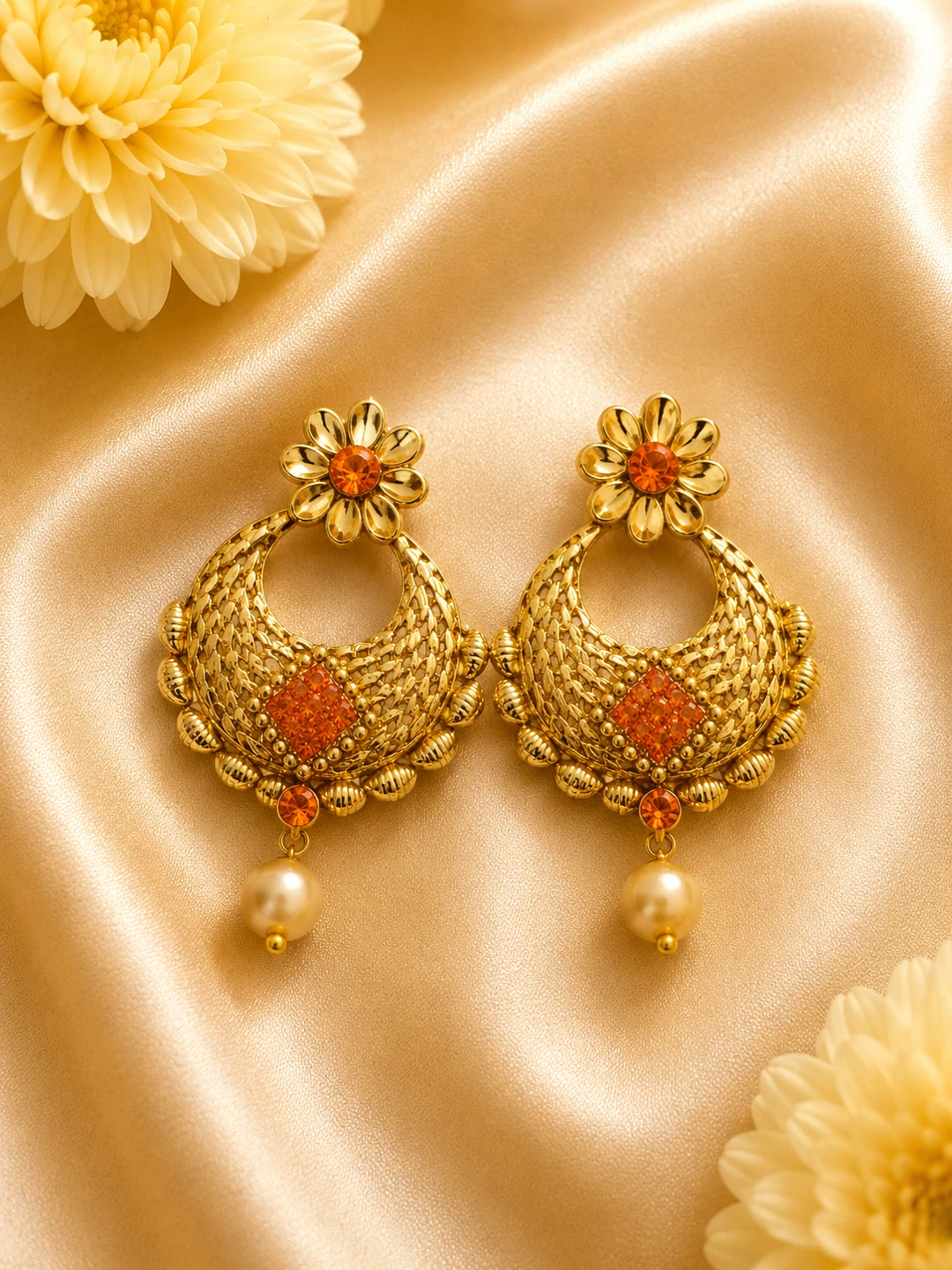 Gold Tone Dangle Earrings with Pearl