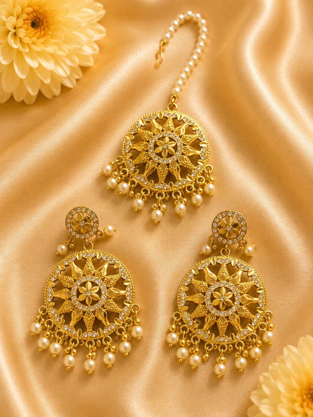 Gold Maang Tikka and Earrings Set