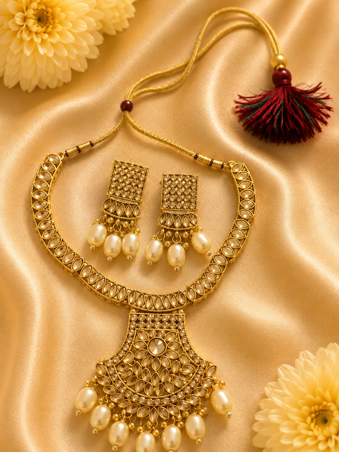 Gold-tone necklace and earring set with pearl accents