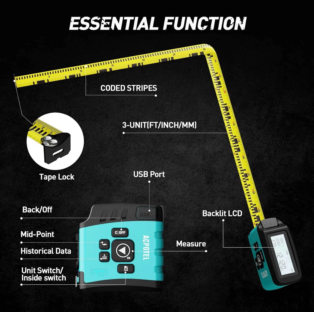 ACPOTEL Digital Tape Measure with Backlit LCD and Memory - photo 5