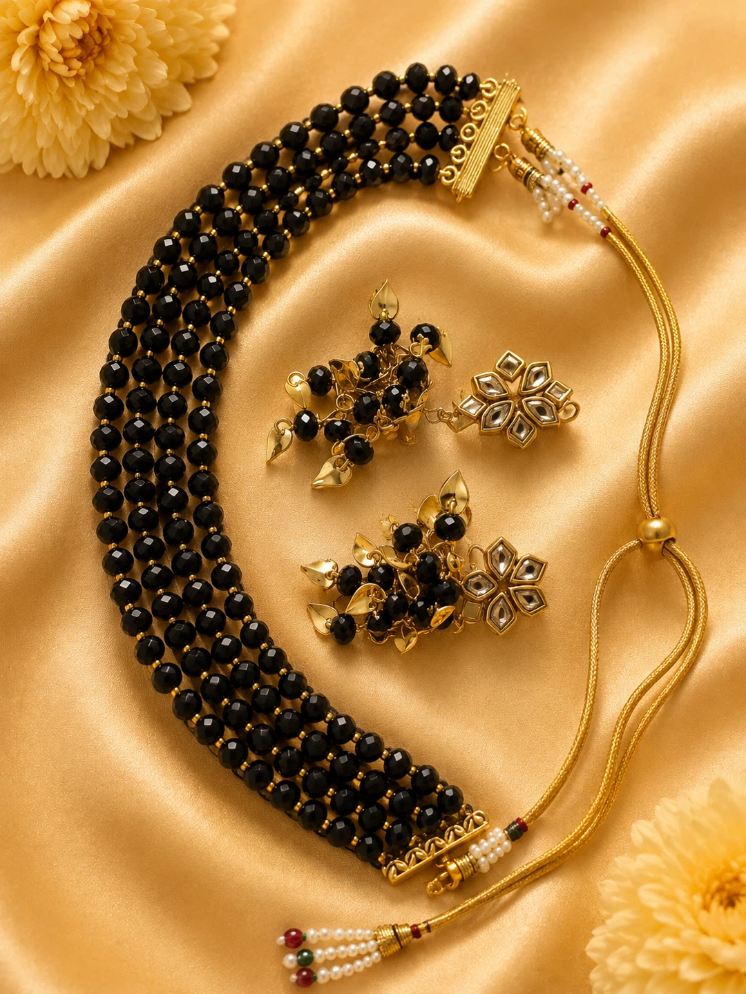 Black Beaded Choker Necklace and Earrings Set