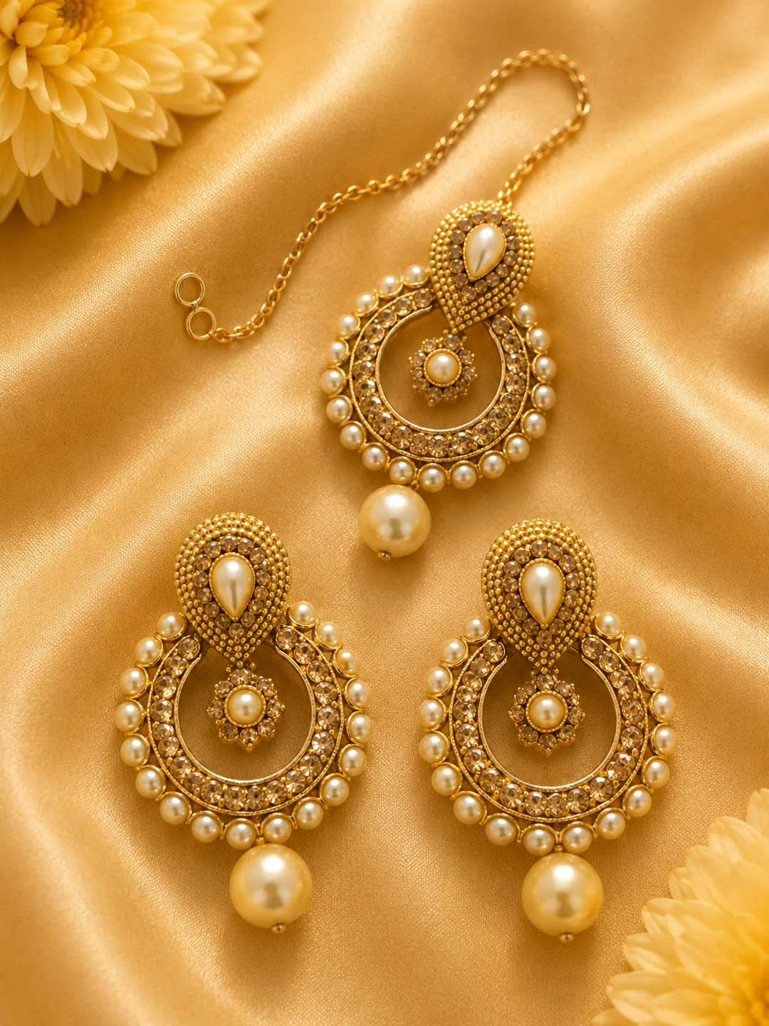 Gold Pearl Maang Tikka & Earring Set