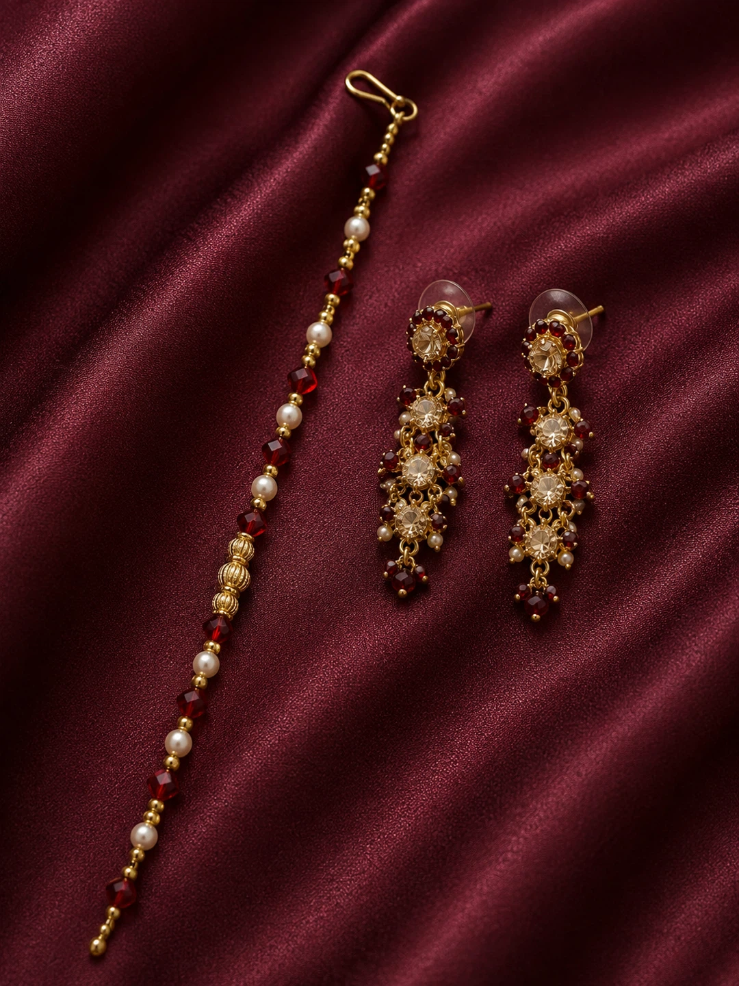 Red and Pearl Beaded Bracelet and Earrings Set