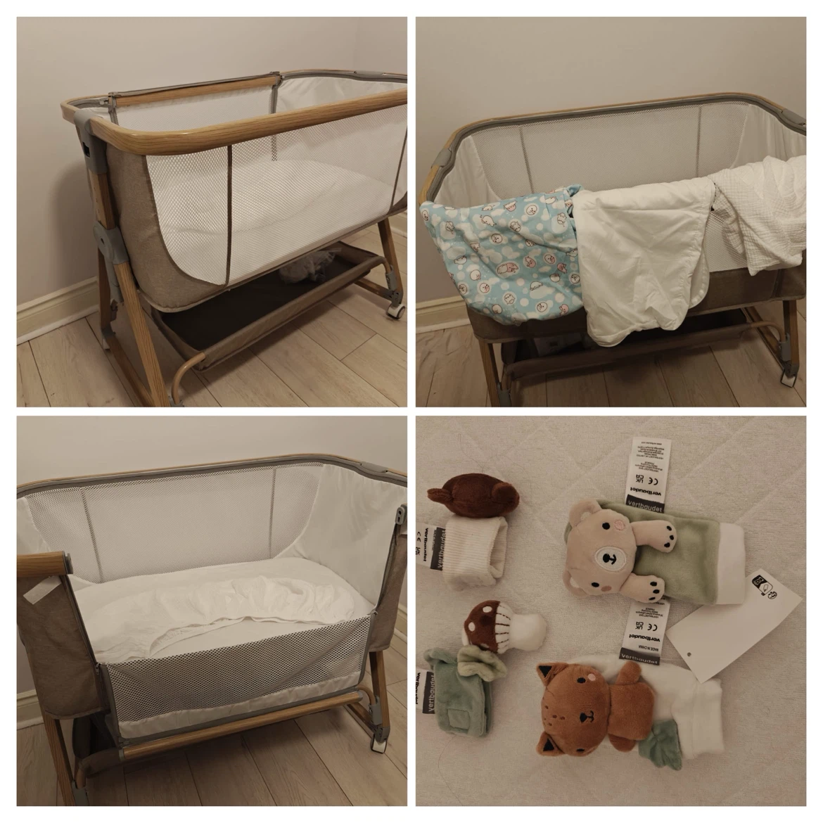Baby bassinet with sheets and hand & feet rattle.