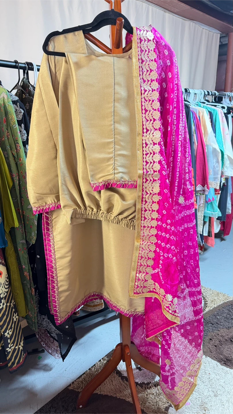 Golden silk suit with  magenta silk chunri