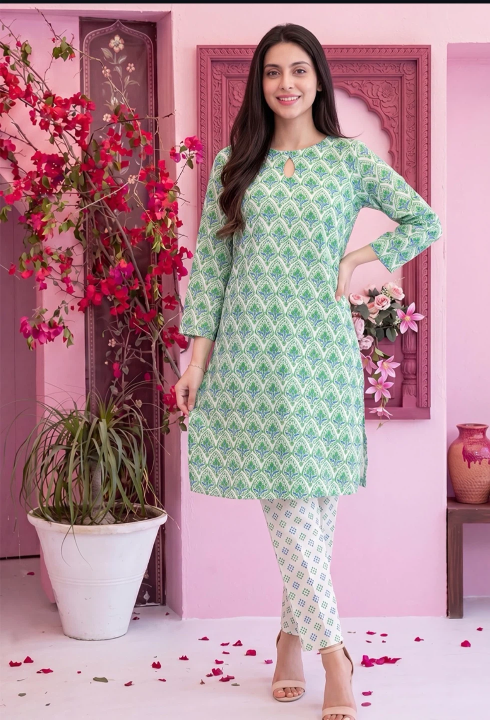 Green and White Printed Kurti with Pants