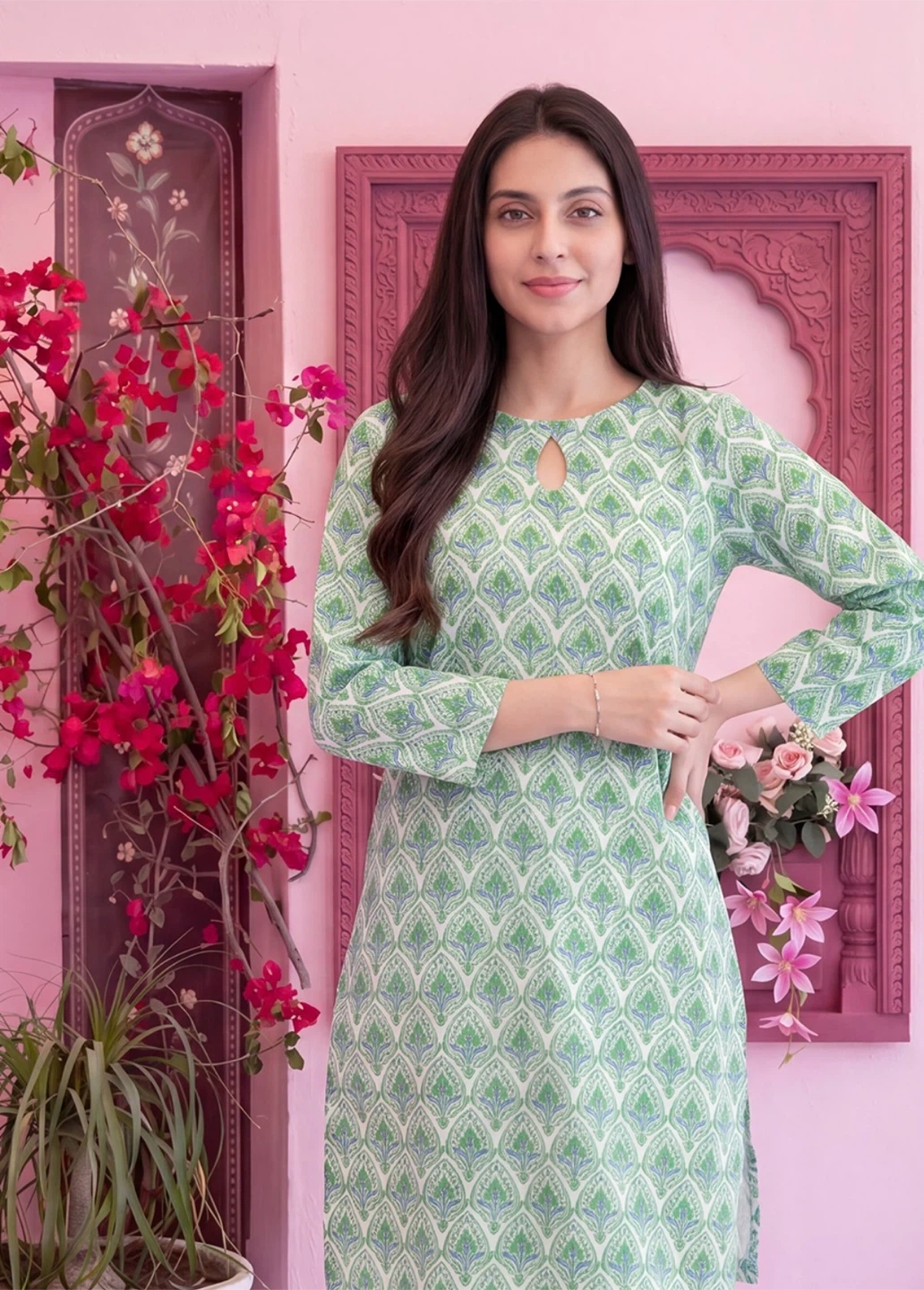Green and White Printed Kurti with Pants - photo 2