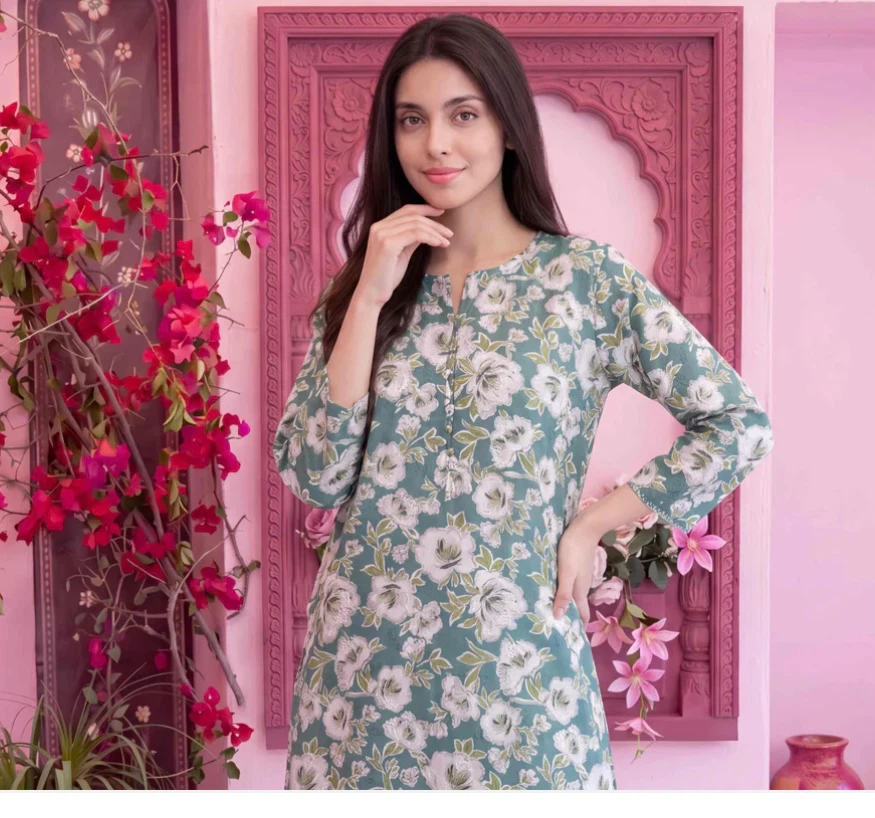 Green Floral Print Kurti and Pants Set - photo 3
