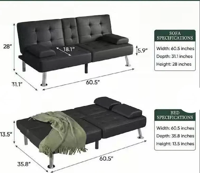 Black Faux Leather Convertible Sofa Bed - photo 2