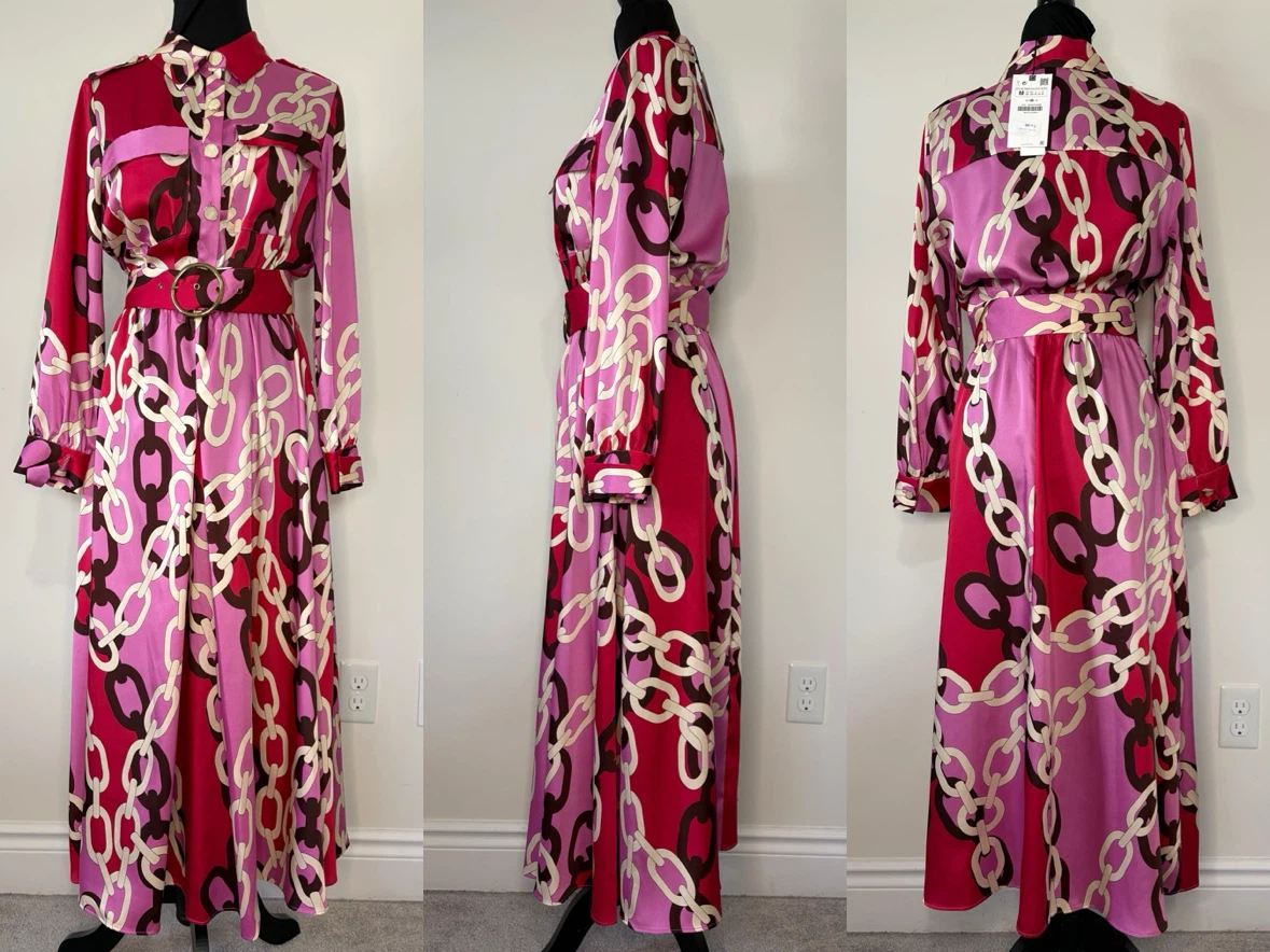 M - NEW with TAG! ZARA Chain Print Belted Shirt Dress