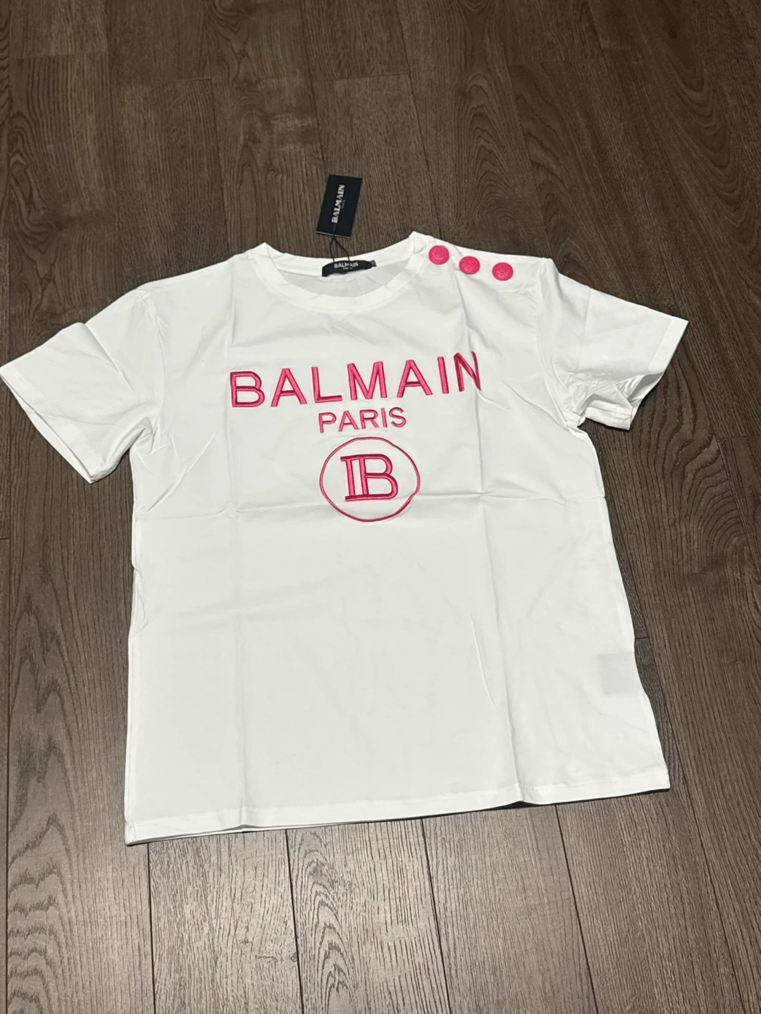 Balmain Paris White T-Shirt with Pink Logo
