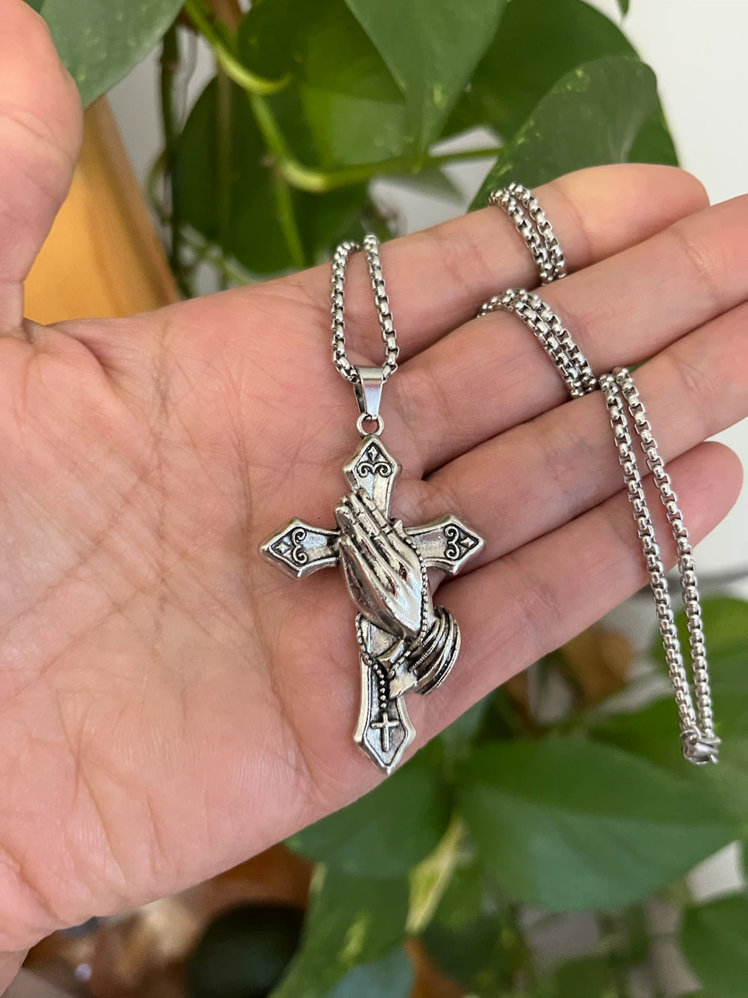 Silver Tone metal Praying Hands Cross Necklace