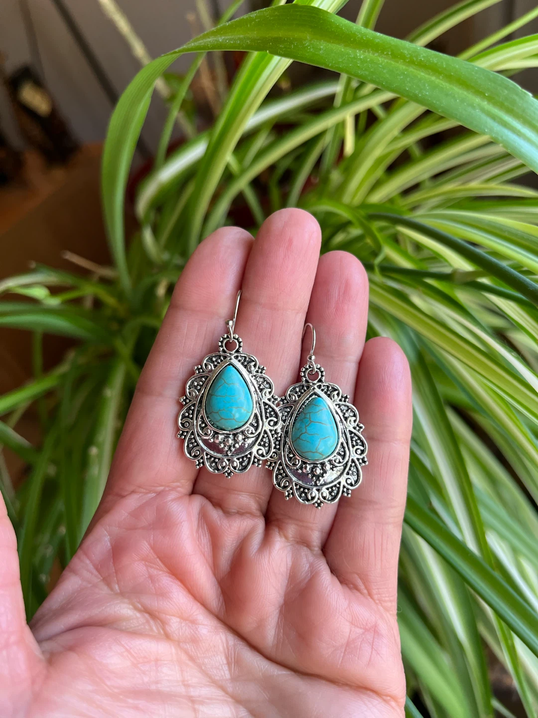 Ornate Turquoise Teardrop Dangle Earrings