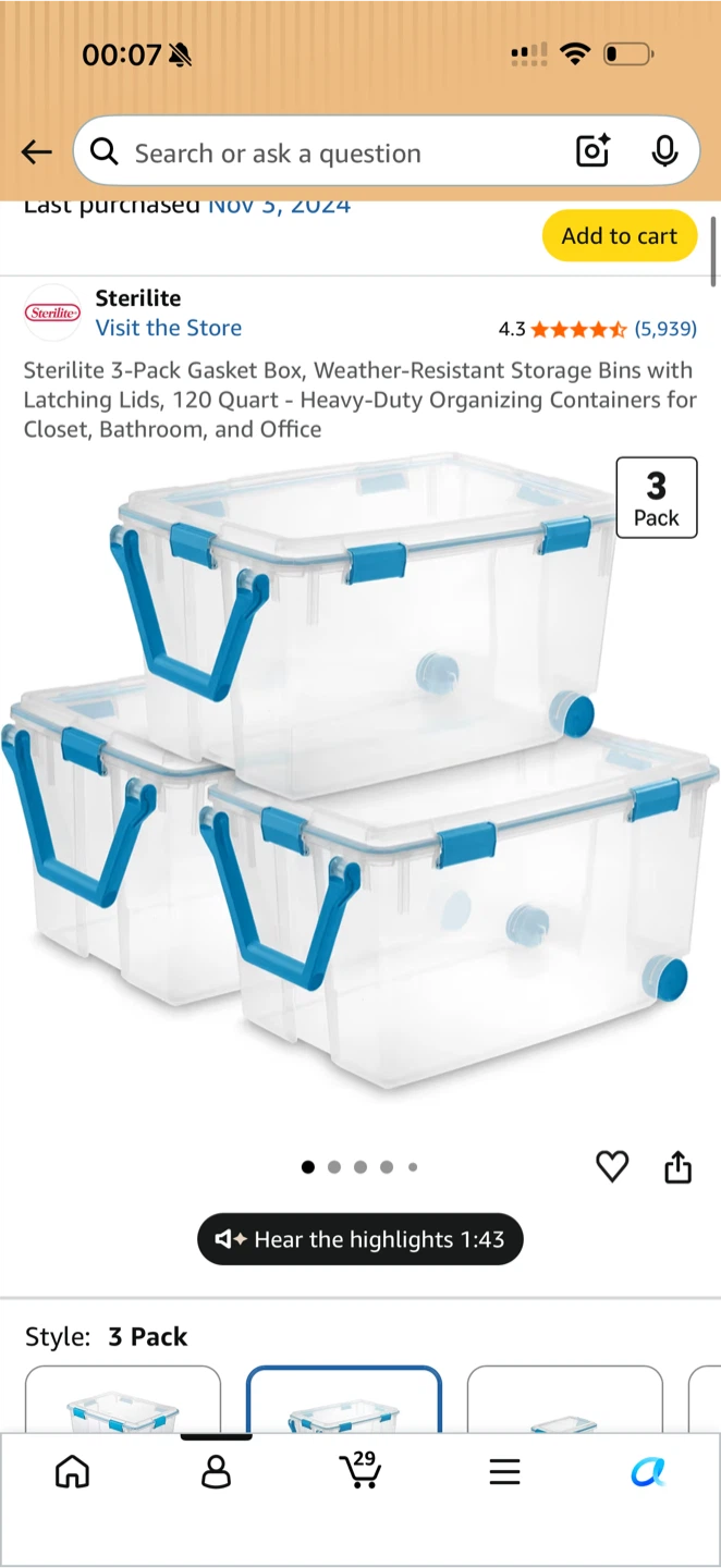 Sterilite 3-Pack 120 Quart Storage Bins with Lids