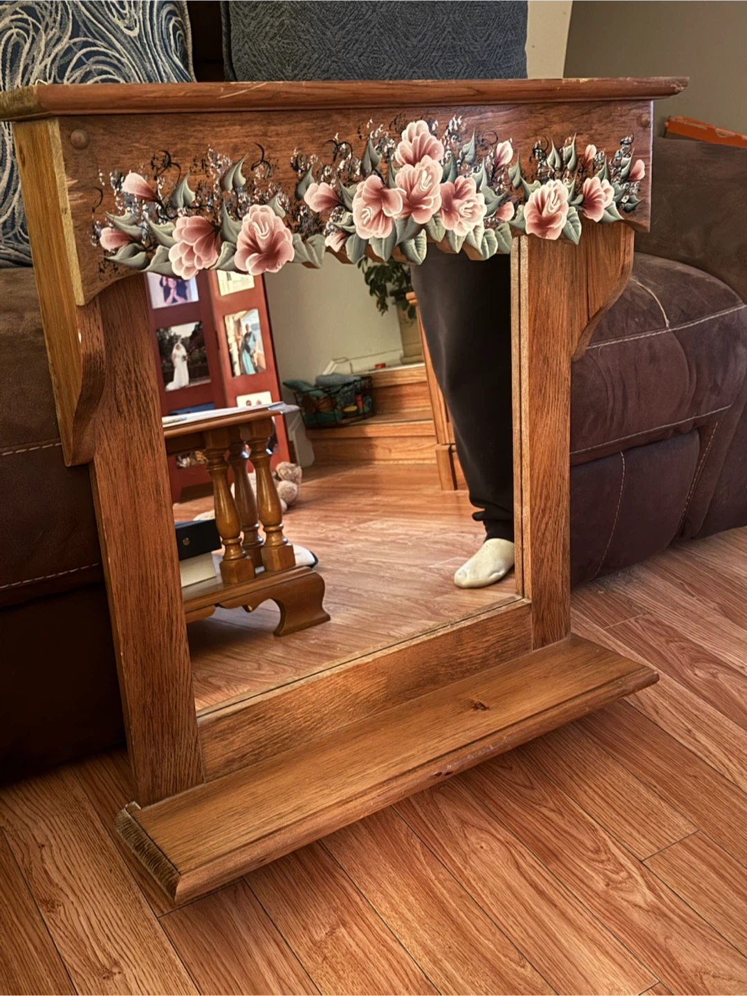 Wooden Wall Mirror with Floral Accent