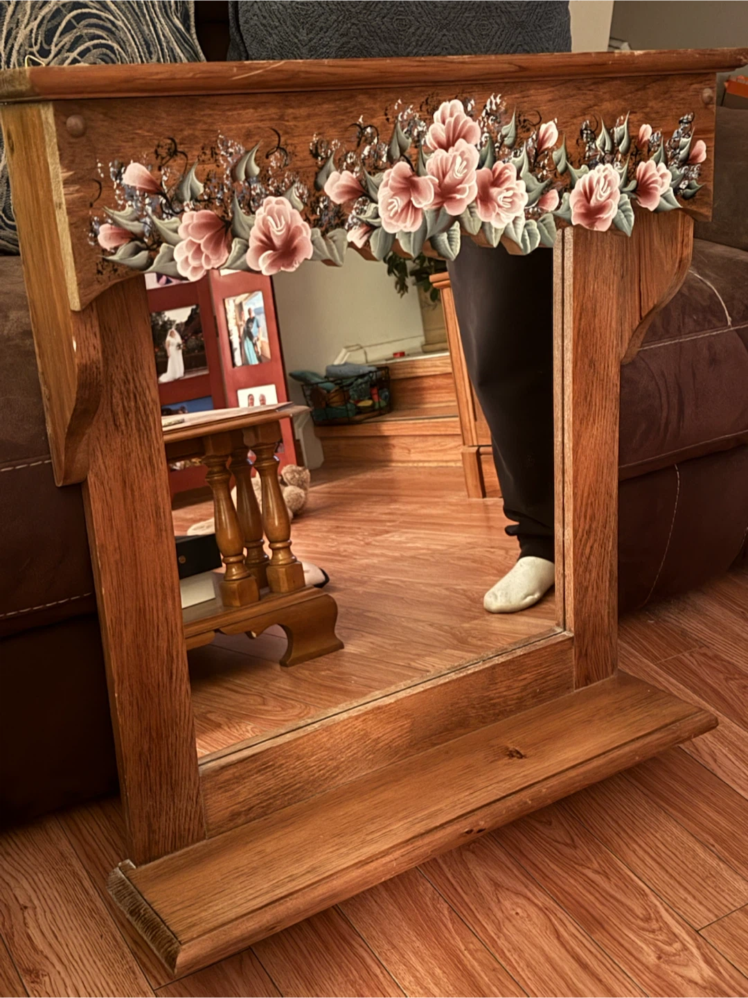 Wooden Wall Mirror with Floral Accent - photo 2