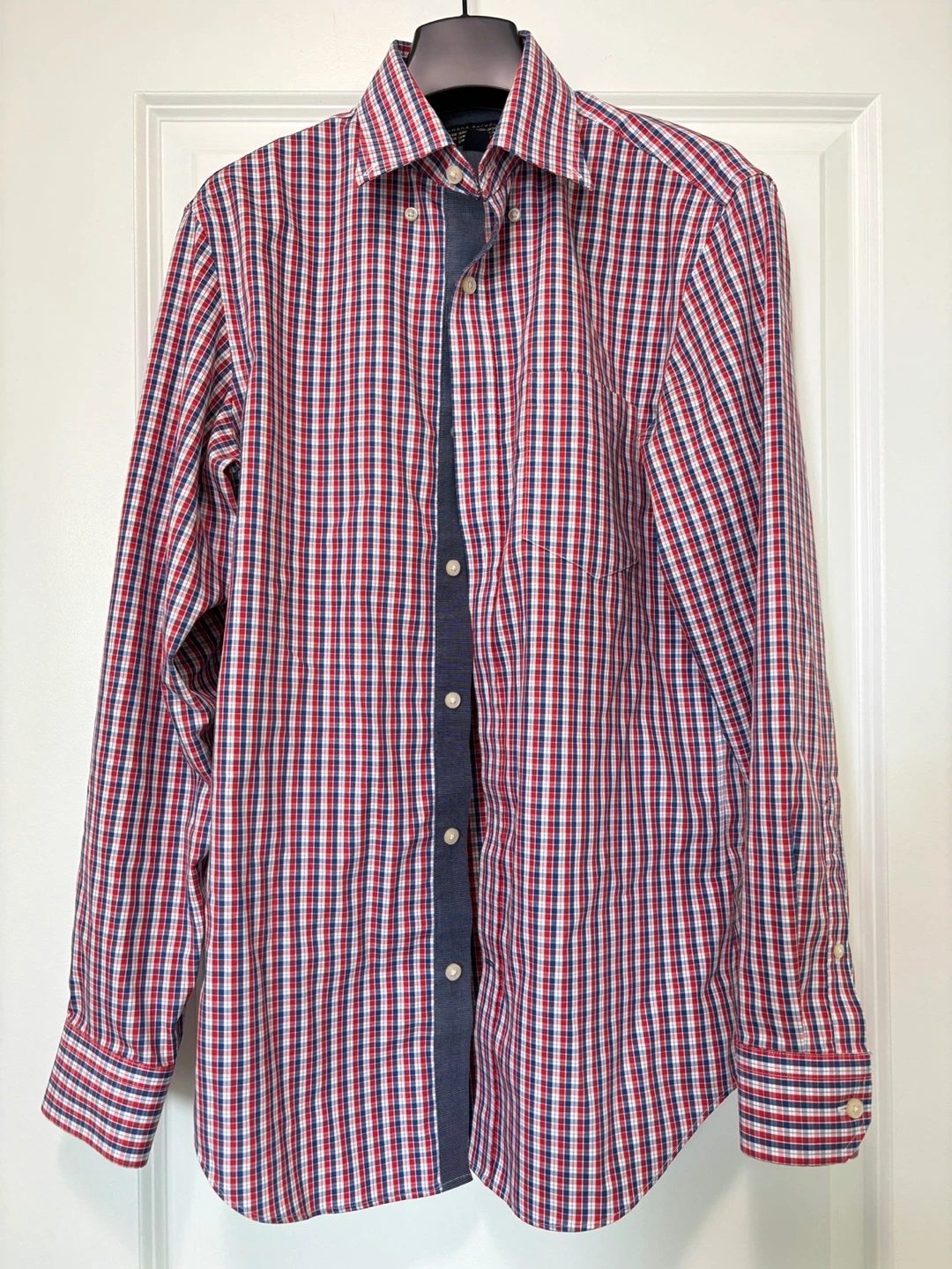 Banana Republic Tailored Slim Fit Red Blue Plaid Dress Shirt