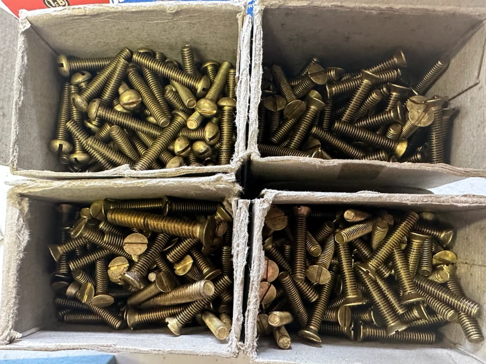 Brass Bolts, nuts & tool box.