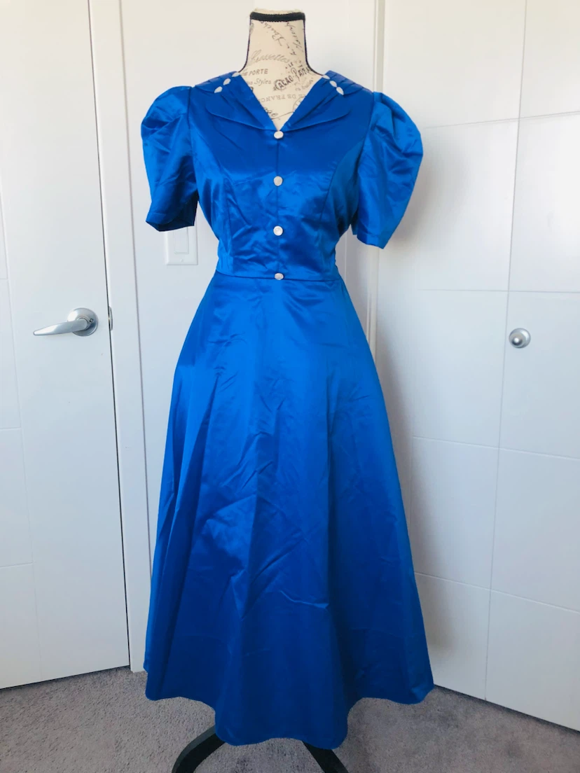 Blue Satin Dress with Puffed Sleeves