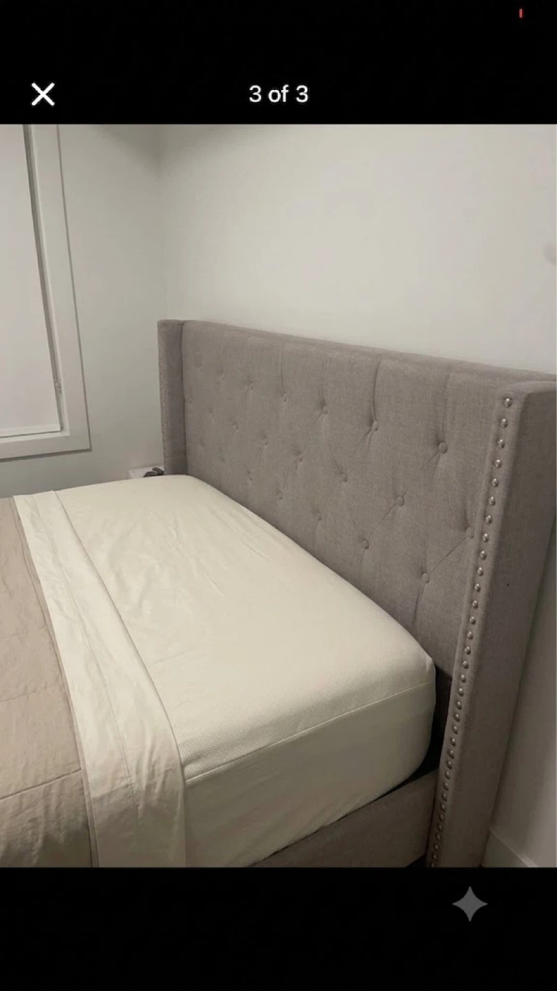 Queen Upholstered Bed Frame with Mattress – Excellent Condition - photo 2