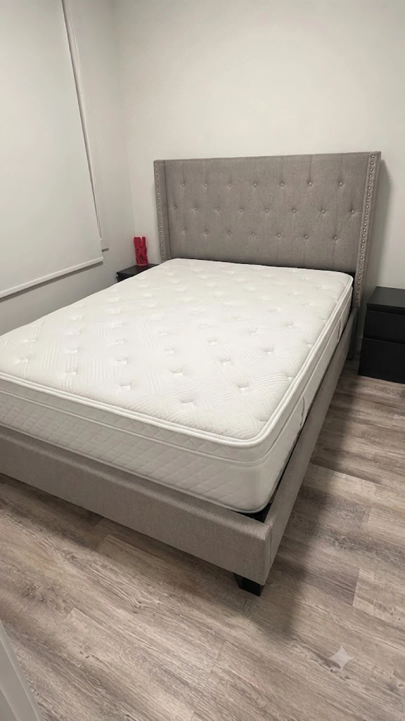 Queen Upholstered Bed Frame with Mattress – Excellent Condition