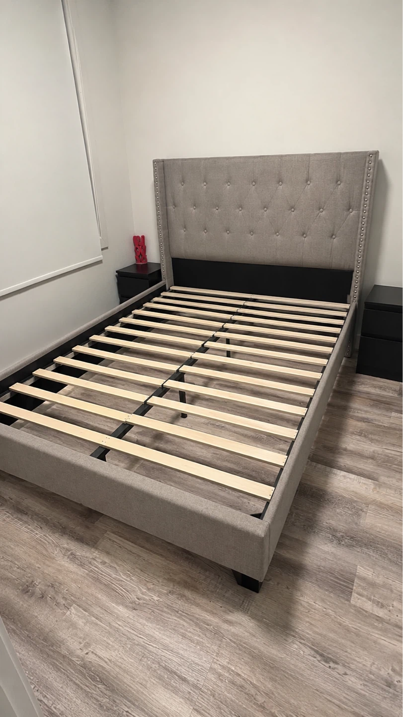 Queen Upholstered Bed Frame with Mattress – Excellent Condition - photo 3