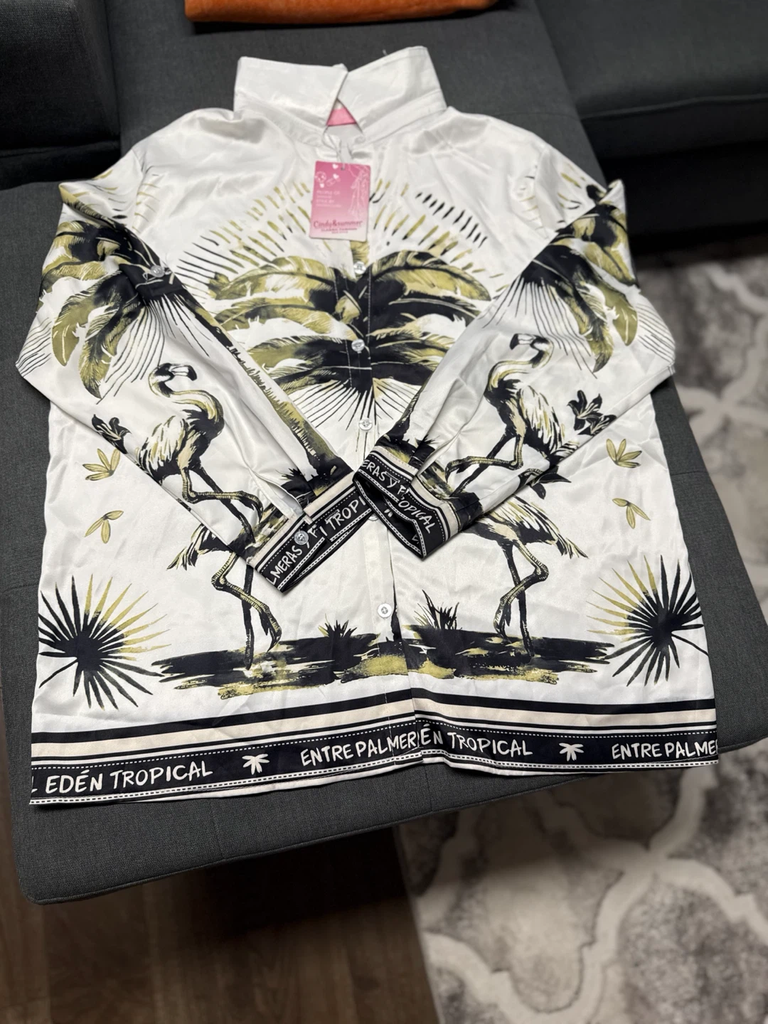 Womens Tropical Flamingo Button-Up Shirt & Shorts Set - photo 2