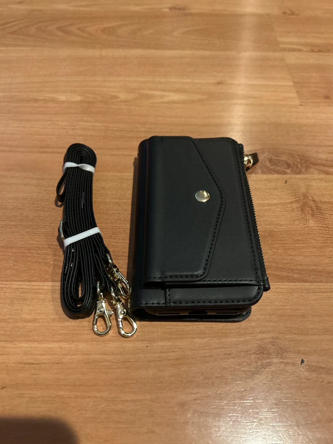 Black Faux Leather Wallet Phone Case with Strap